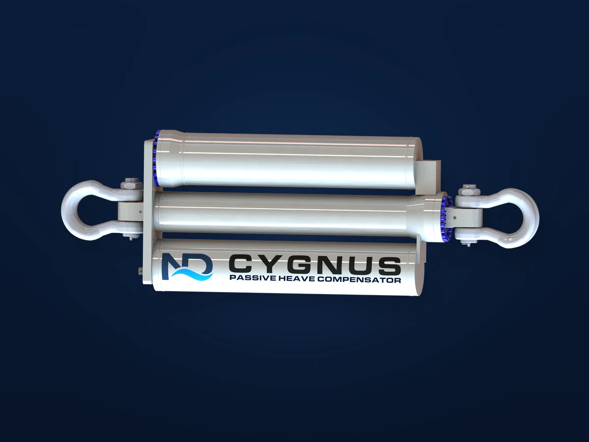 CYGNUSパッシブヒーブ補償装置 — ボウシャックル付きインラインユニットのエンジニアリングレンダリング