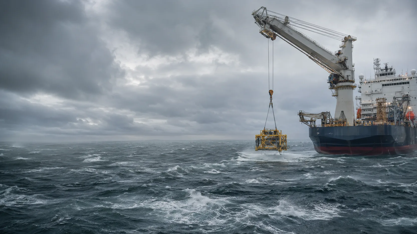Offshore construction vessel lowering a subsea structure through the splash zone in a heavy sea