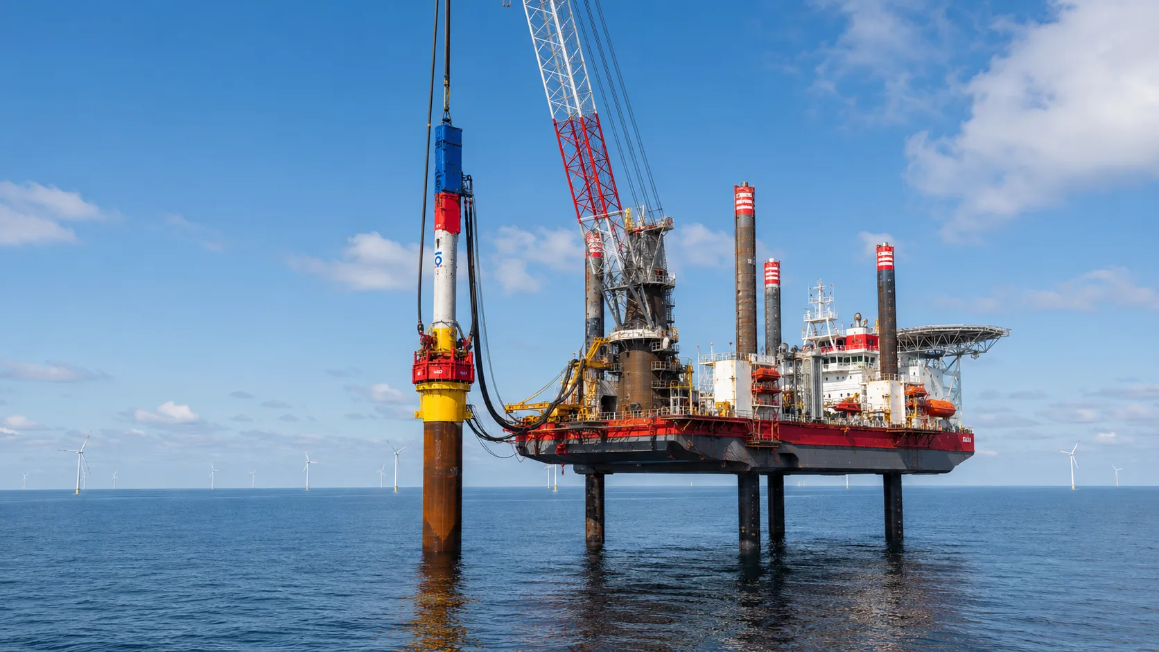 Offshore jack-up installation vessel driving a monopile with a pile-driving hammer at an offshore wind site