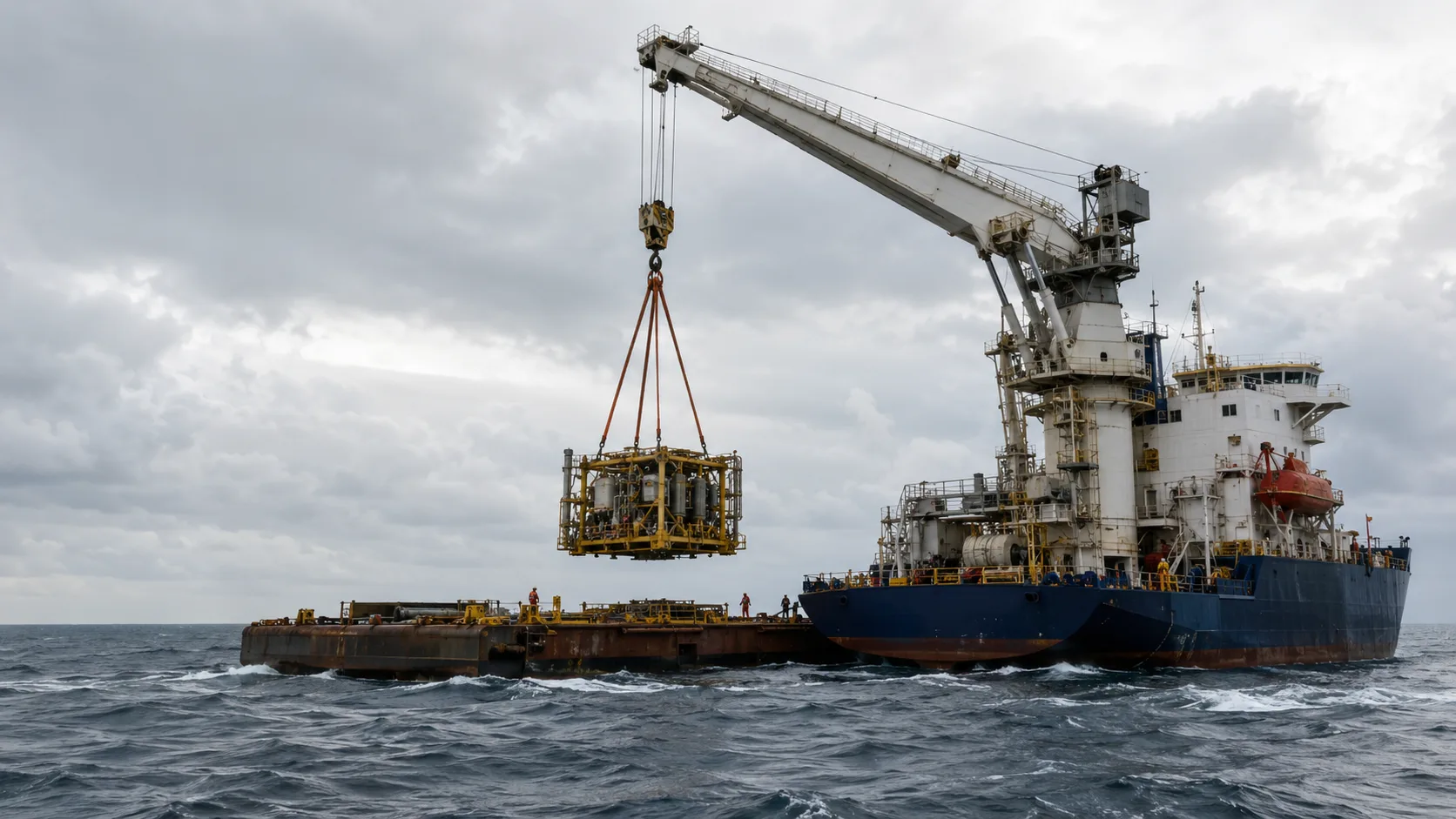 Offshore crane vessel lifting a subsea module clear of a transport barge in an open-sea swell