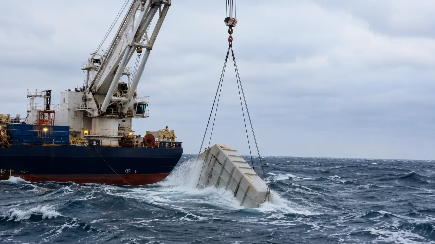 Offshore crane vessel lowering a subsea structure through the splash zone in a heavy sea
