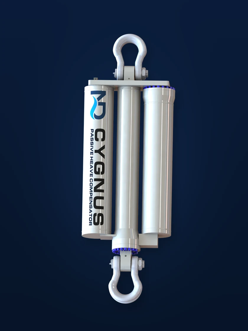 CYGNUS passive heave compensator — twin-bottle in-line unit with bow shackle terminations, CAD render