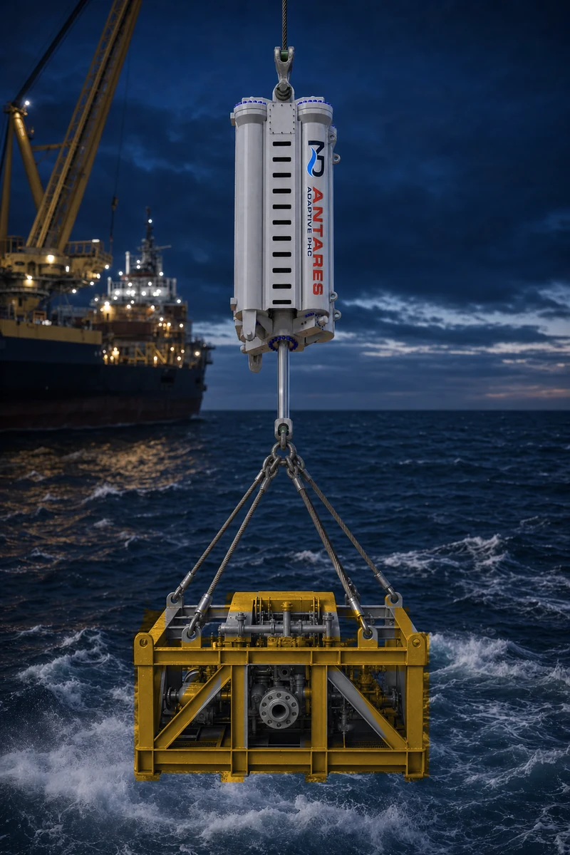 ANTARES adaptive passive heave compensator rigged between crane wire and a subsea manifold module in rough seas