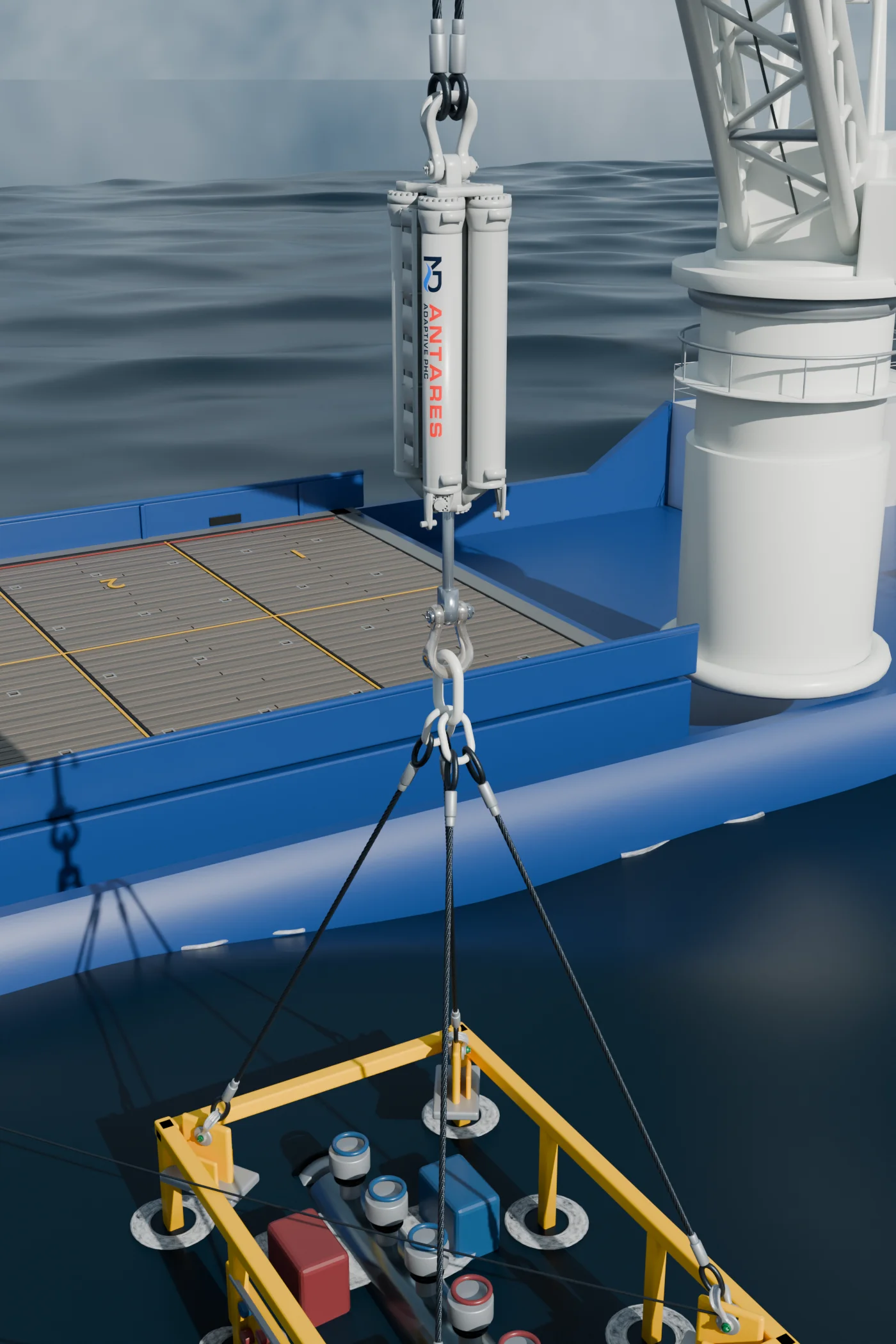 ANTARES adaptive passive heave compensator rigged between crane wire and a subsea manifold module in rough seas