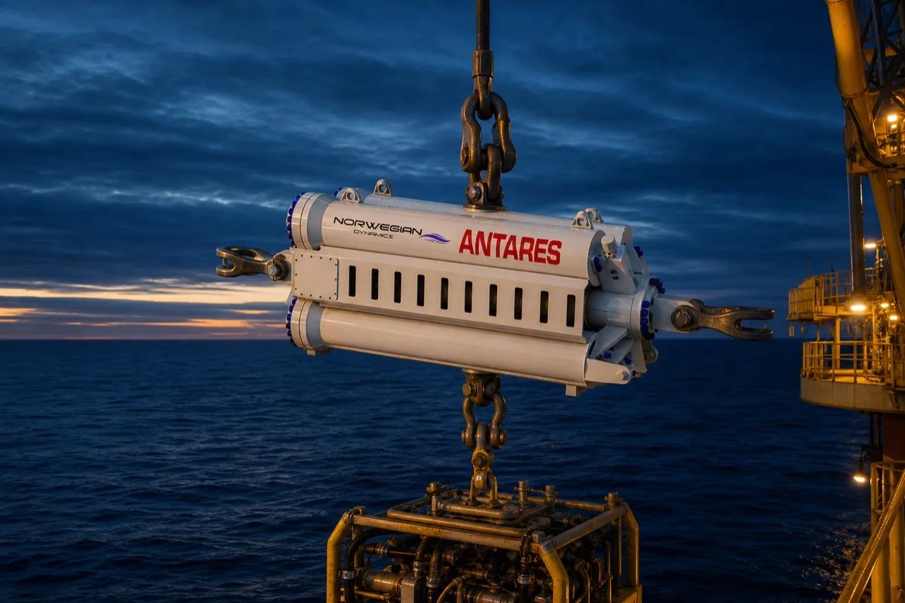 傍晚时分,起重机钢丝绳上的 ANTARES 自适应被动式波浪补偿器