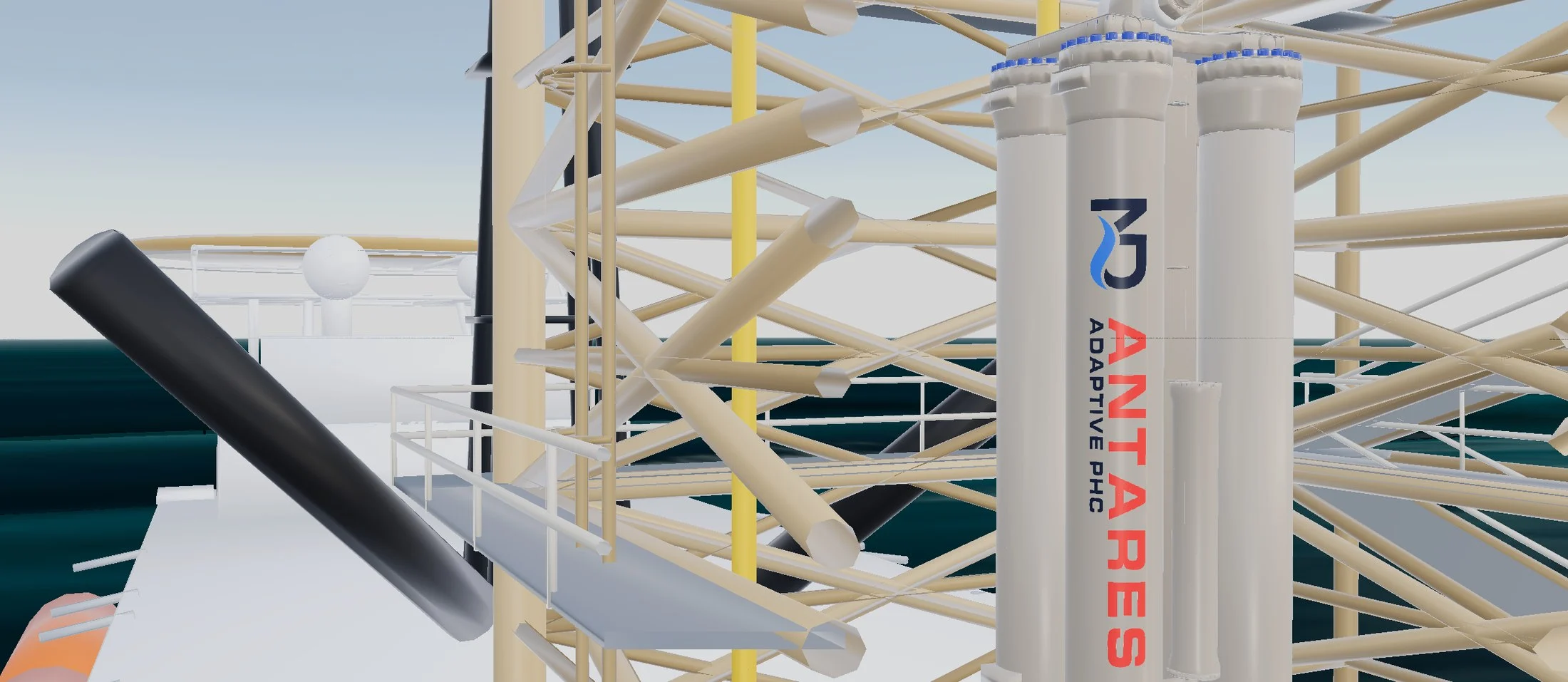ANTARES adaptive passive heave compensator hanging in the module-handling tower main fall above the moonpool, carrying the coiled-tubing injector platform