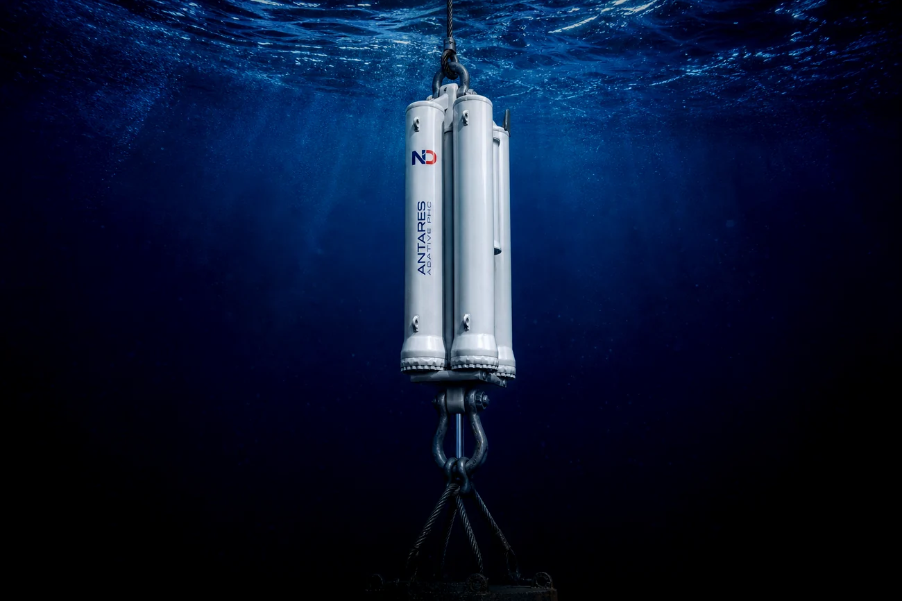 ANTARES adaptive passive heave compensator mid-stroke, vertical in-line on the crane wire at dusk