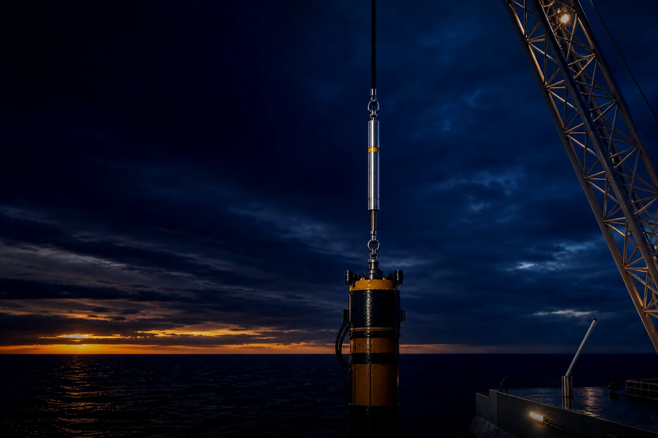 POLARIS crane shock absorber in-line above an offshore pile at dusk