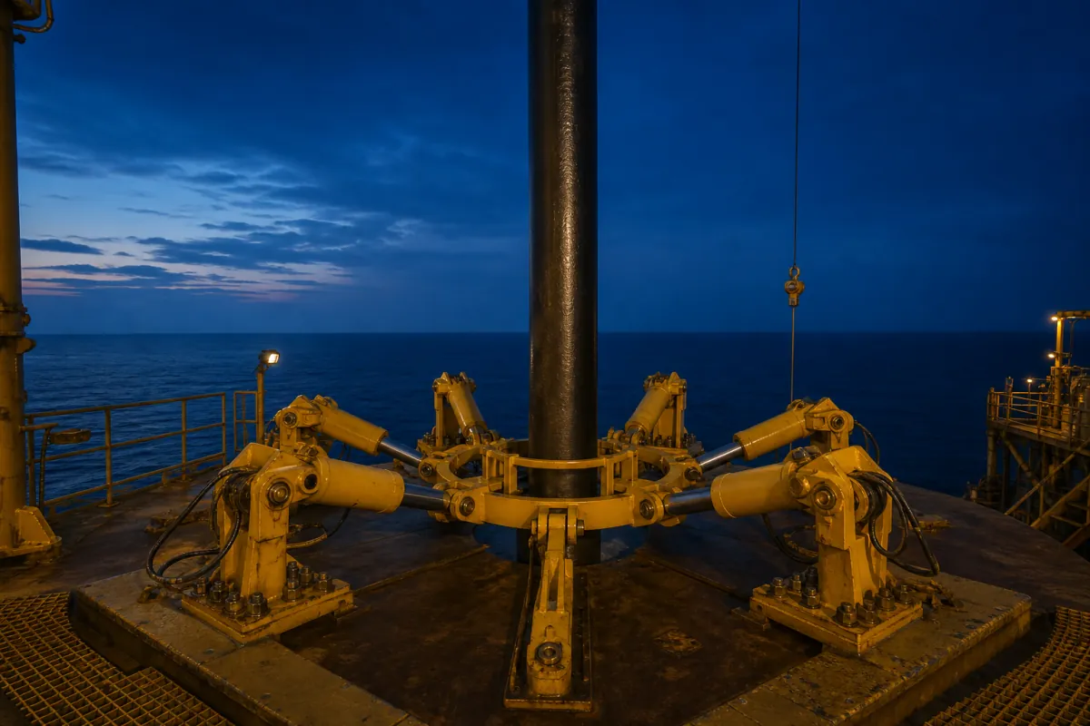Floating drilling vessel holding riser tension through vessel heave at dusk