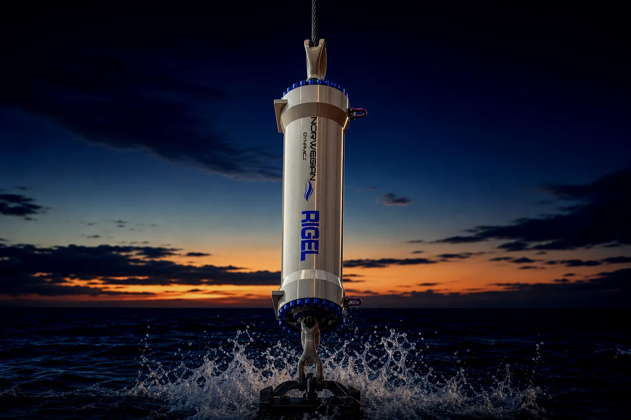 RIGEL passive heave compensator hanging vertically in-line on the crane wire as the payload crosses the splash zone at dusk