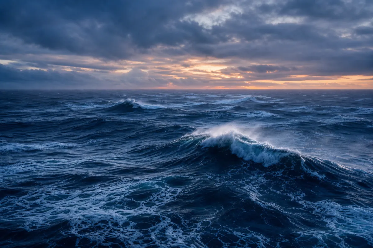 Irregular ocean waves at dusk — the input every offshore lift is designed against