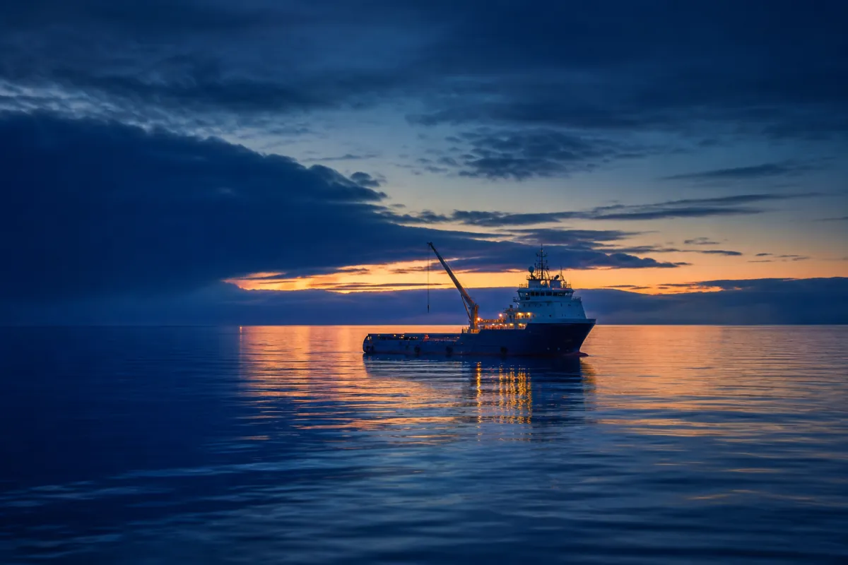 Offshore crane vessel under a passing weather front at dusk