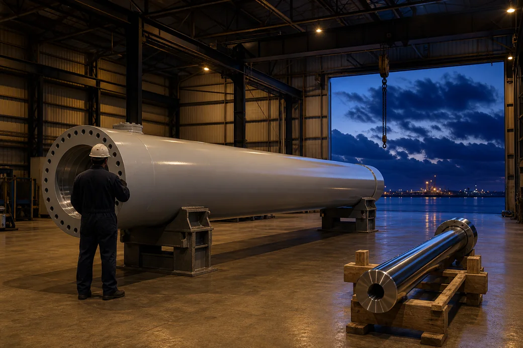 Large hydraulic cylinder body and polished piston rod in the assembly hall at dusk