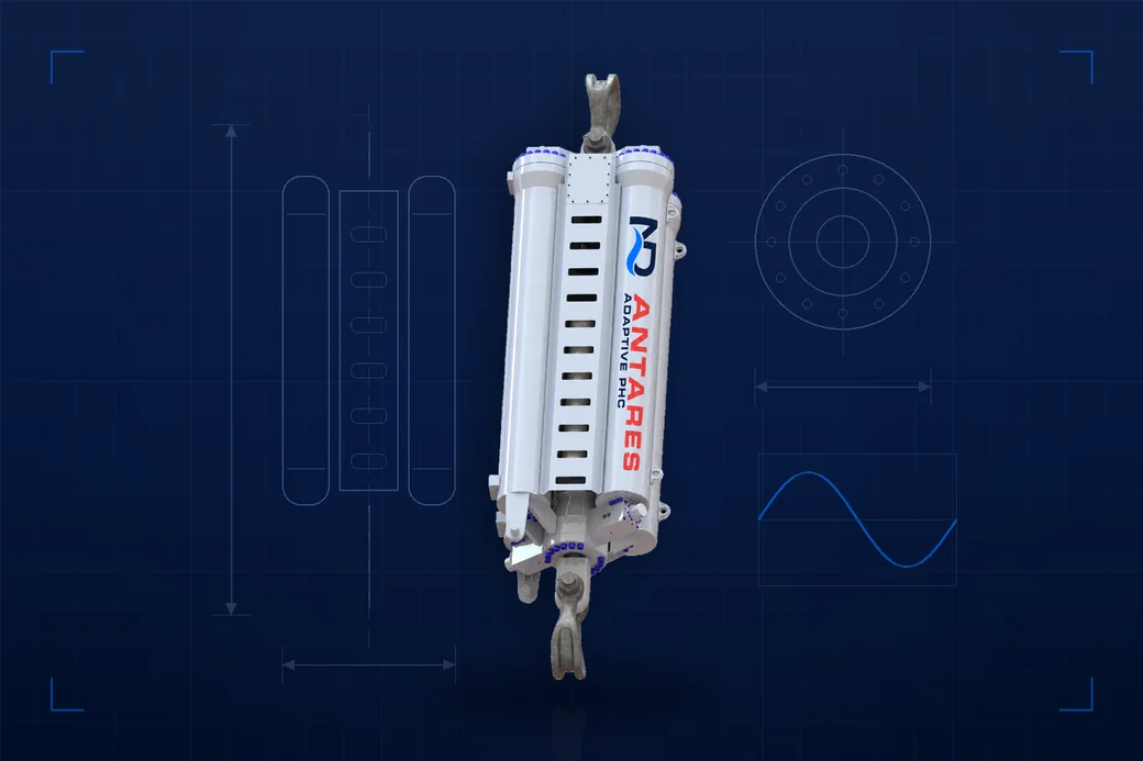 ANTARES adaptive heave compensator on a navy technical design panel with CAD linework