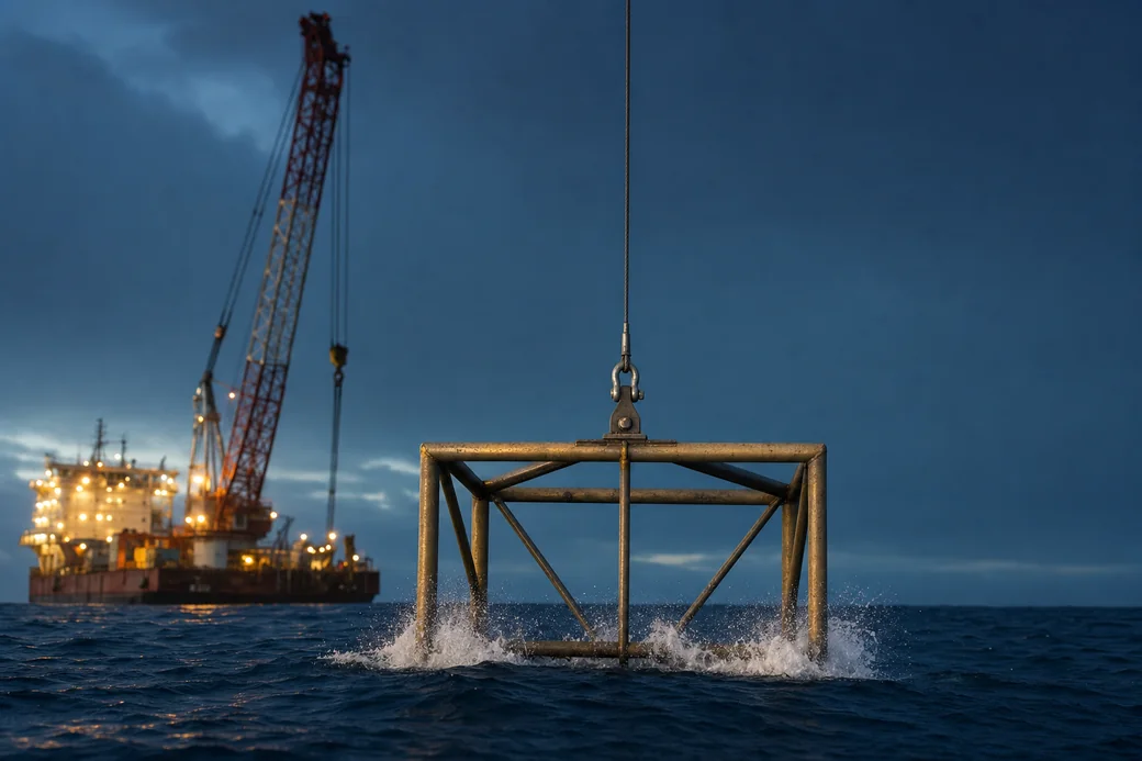 Subsea protection frame crossing the splash zone on a single crane wire at dusk