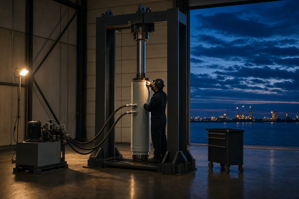 Heave compensator standing vertical in a service test frame during inspection