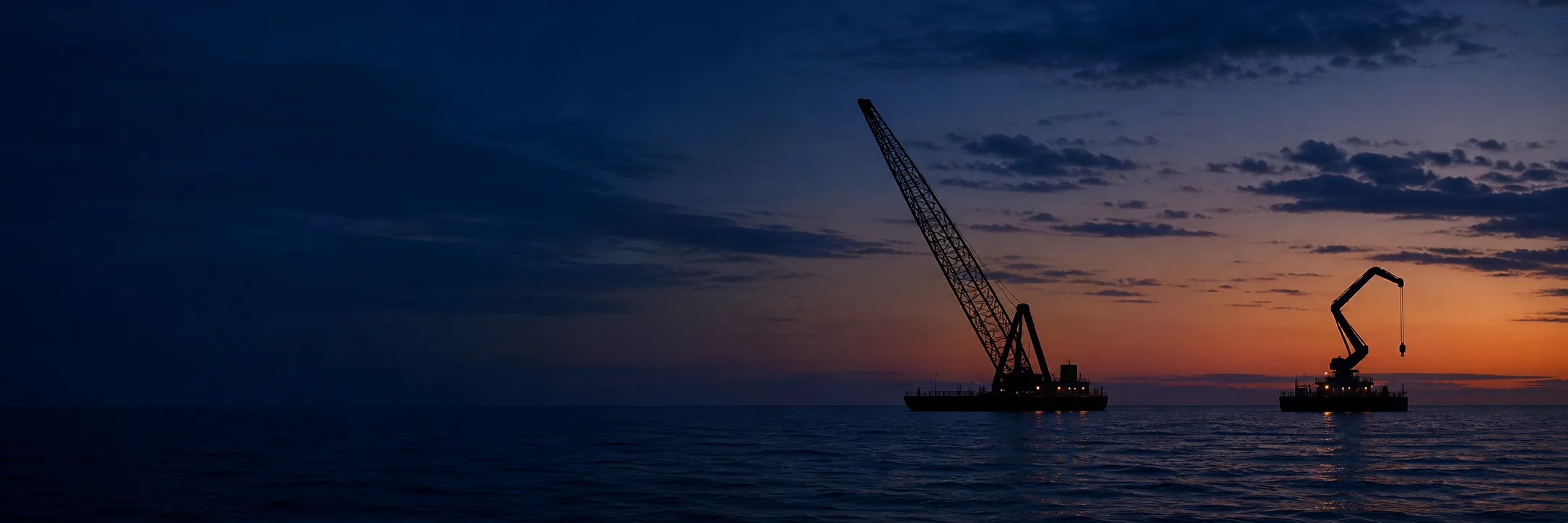 Offshorekraanschepen bij schemering, met contrasterende giekgeometrieën als silhouetten tegen de horizon