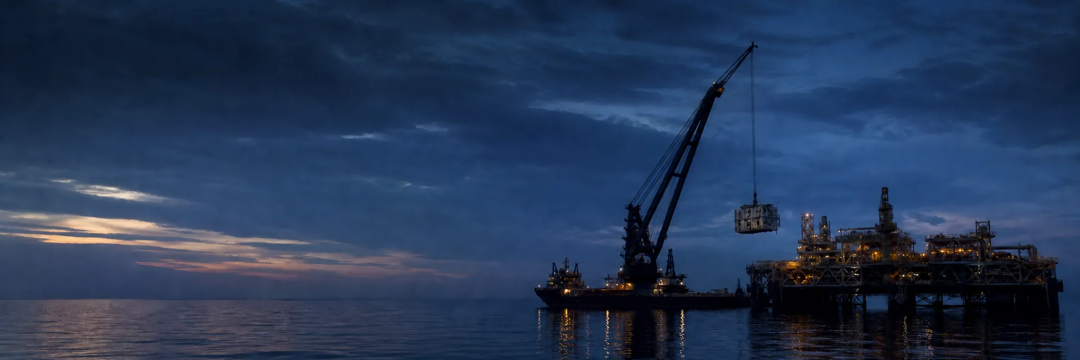 Um navio de içamento pesado junto a uma plataforma offshore envelhecida ao anoitecer, içando um módulo para o afastar das superestruturas