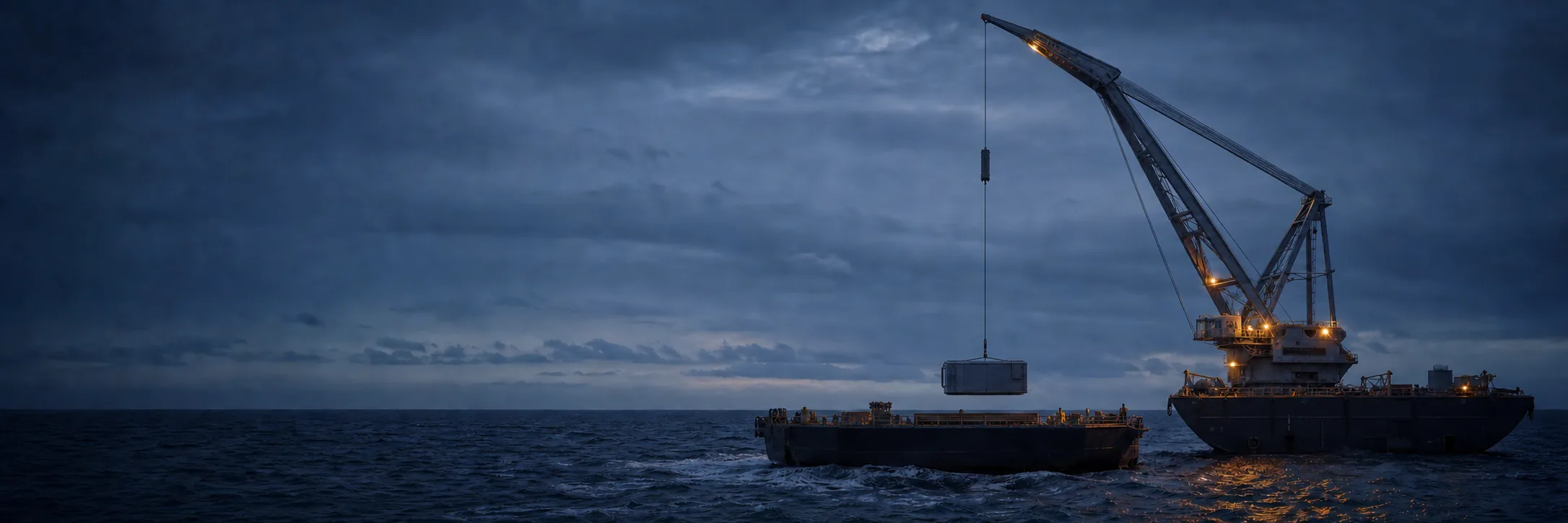 Un navire-grue dégageant une charge d’une barge de transport en pilonnement au crépuscule, avec le compensateur monté en ligne sur le câble