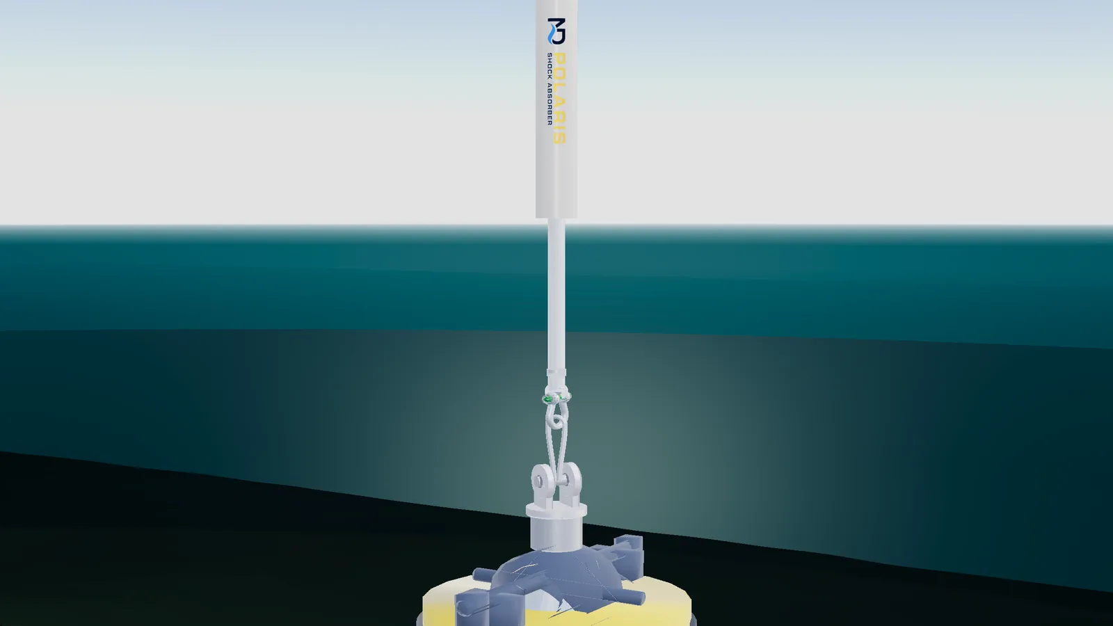 CONSTELLATION view at full stroke: the POLARIS housing stays with the crane fall while its rod has paid out nearly five metres, carrying the pendant and the hammer down with it.