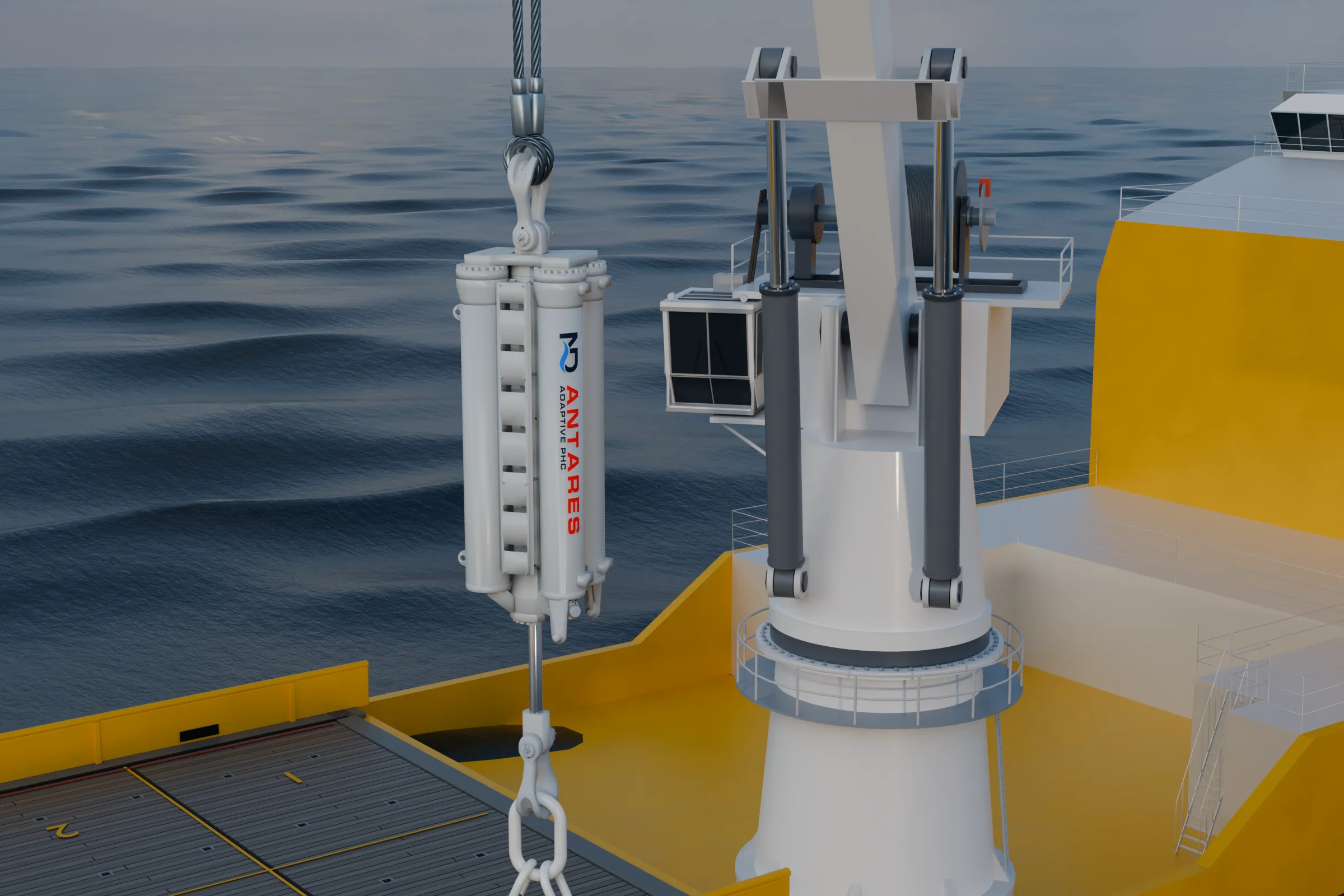 Blender render of a light-grey in-line heave compensator hanging from a construction vessel's knuckle-boom crane, with the sea behind.
