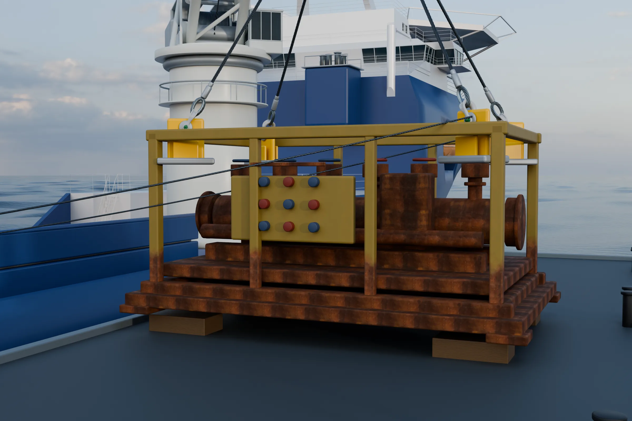 Blender 渲染图：一件腐蚀的海底结构物从海床回收后，正在船舶旁的运输驳船上着放；旧框架上安装了新的吊点和卸扣。
