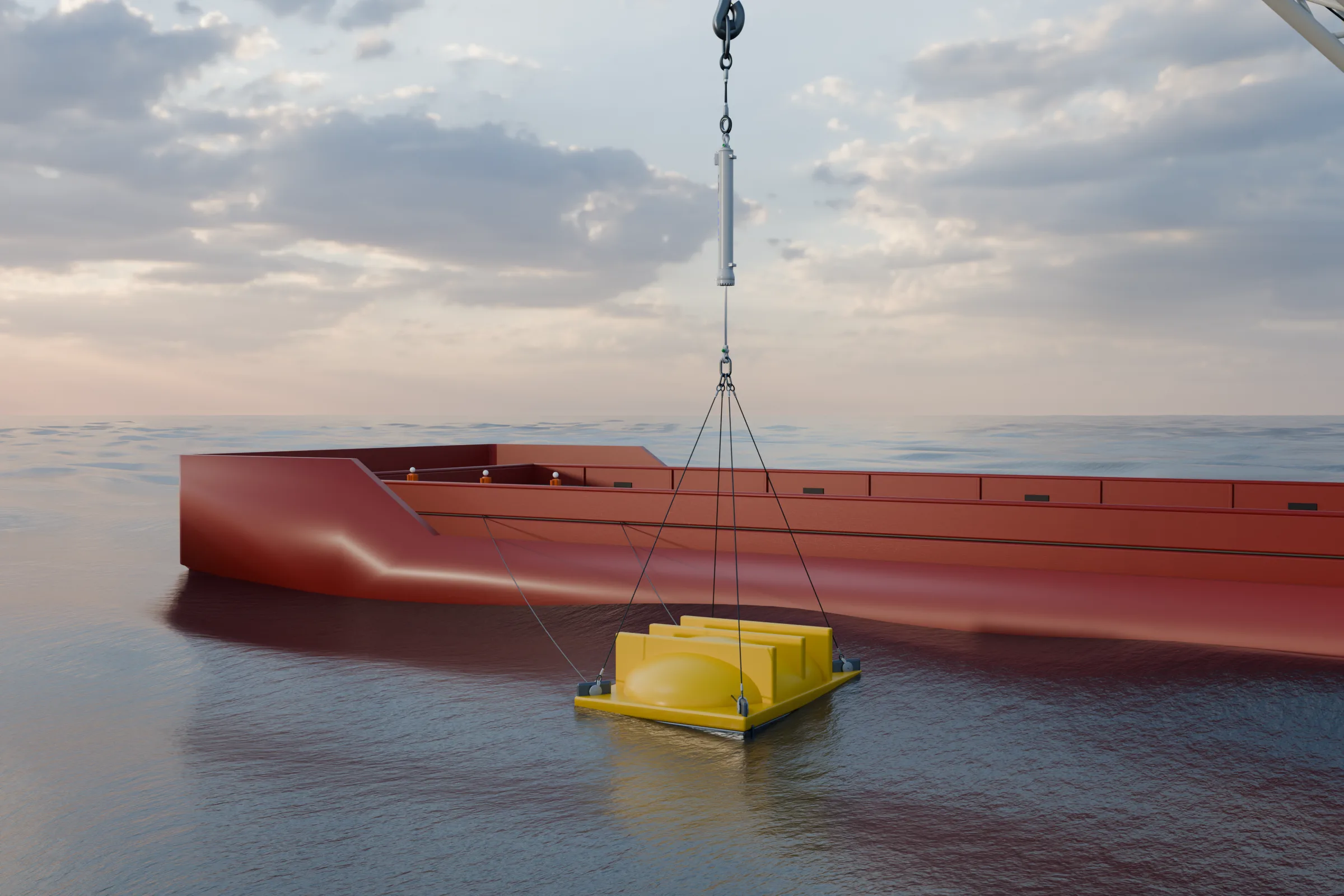 Blender render of a subsea protection cover crossing the splash zone beside a vessel, hanging from an in-line heave compensator.