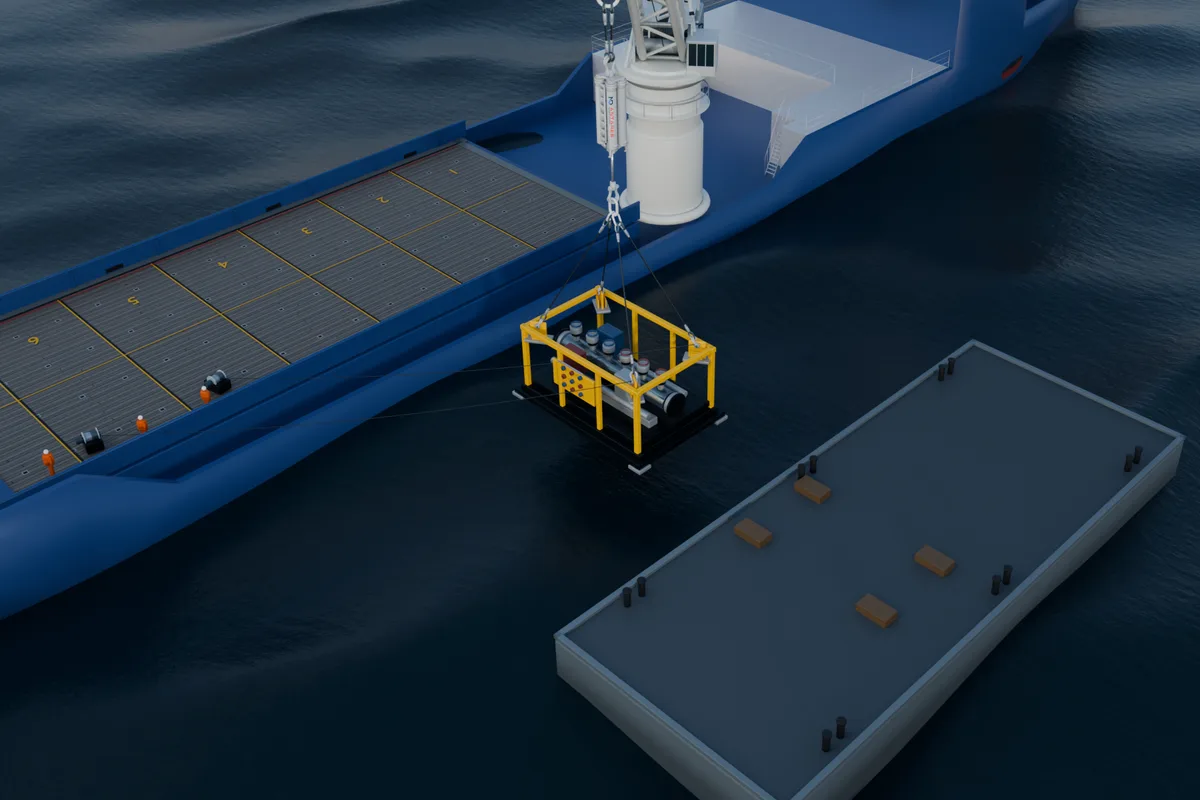 Compensated manifold lift between the offshore vessel and an alongside barge.